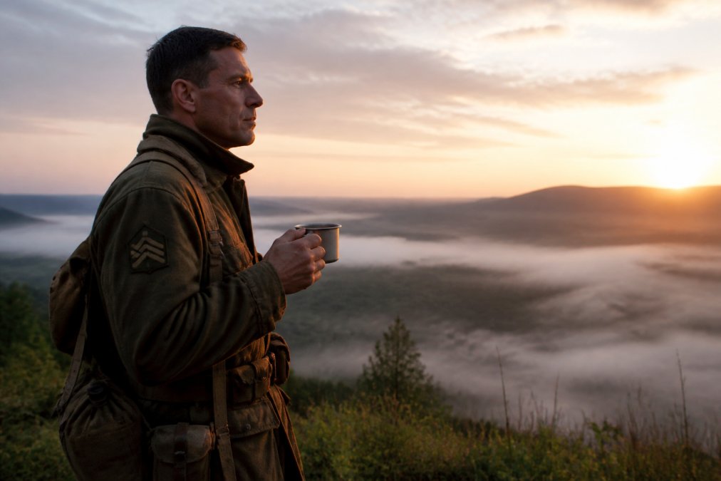 A man in vintage military-style clothing holding a tin mug of coffee at dawn, looking out over a misty landscape with a determined, focused expression