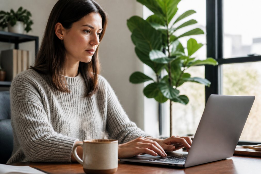 A person working at a home desk with a steaming mug of mushroom coffee, looking focused and calm while typing on a laptop in a bright, modern workspace