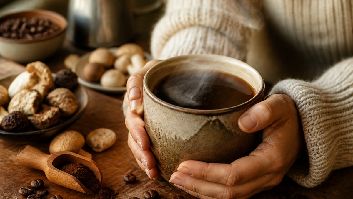 Close-up of a steaming mug of dark mushroom coffee with visible earthy undertones, held by hands in a warm home setting with coffee beans scattered on the wooden surface nearby
