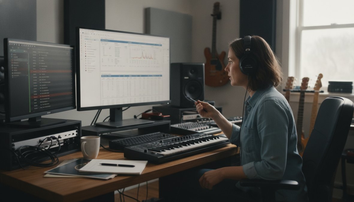 A label manager reviewing detailed royalty reports and analytics on a computer screen in a professional home studio setup, with multiple monitors showing streaming data and artist performance metrics