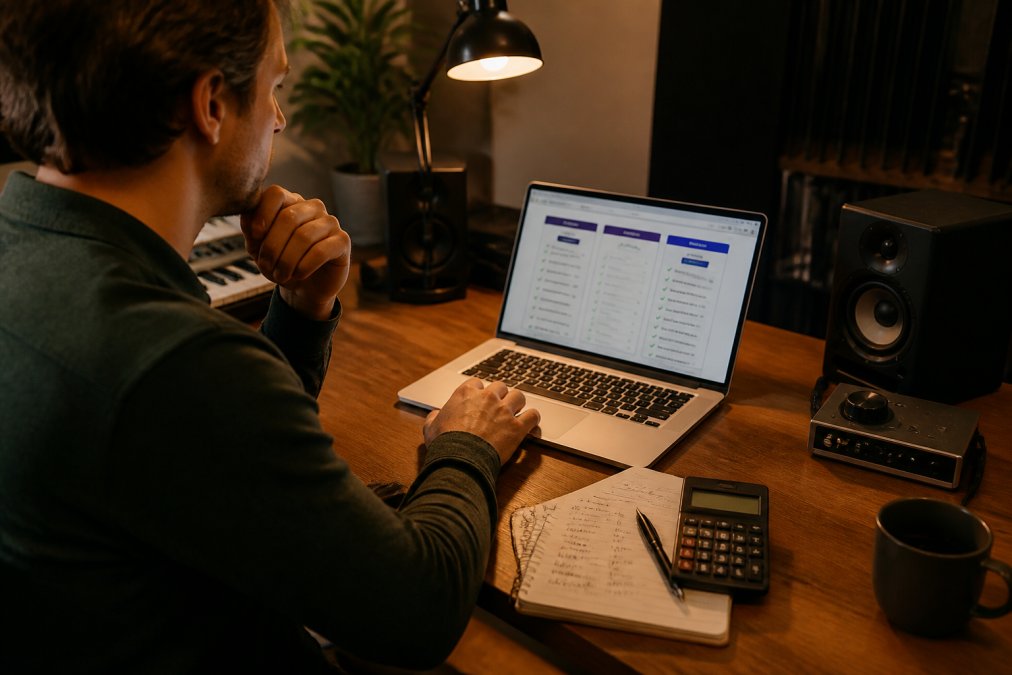 Infographic comparing music distribution pricing plans on a laptop screen with royalty calculation notes
