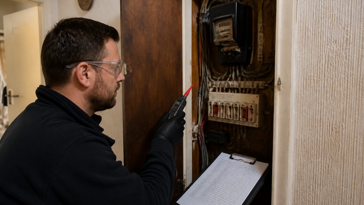 A qualified electrician in safety glasses and gloves inspecting an old consumer unit in a dimly lit hallway cupboard, holding a voltage tester with a clipboard of test results nearby