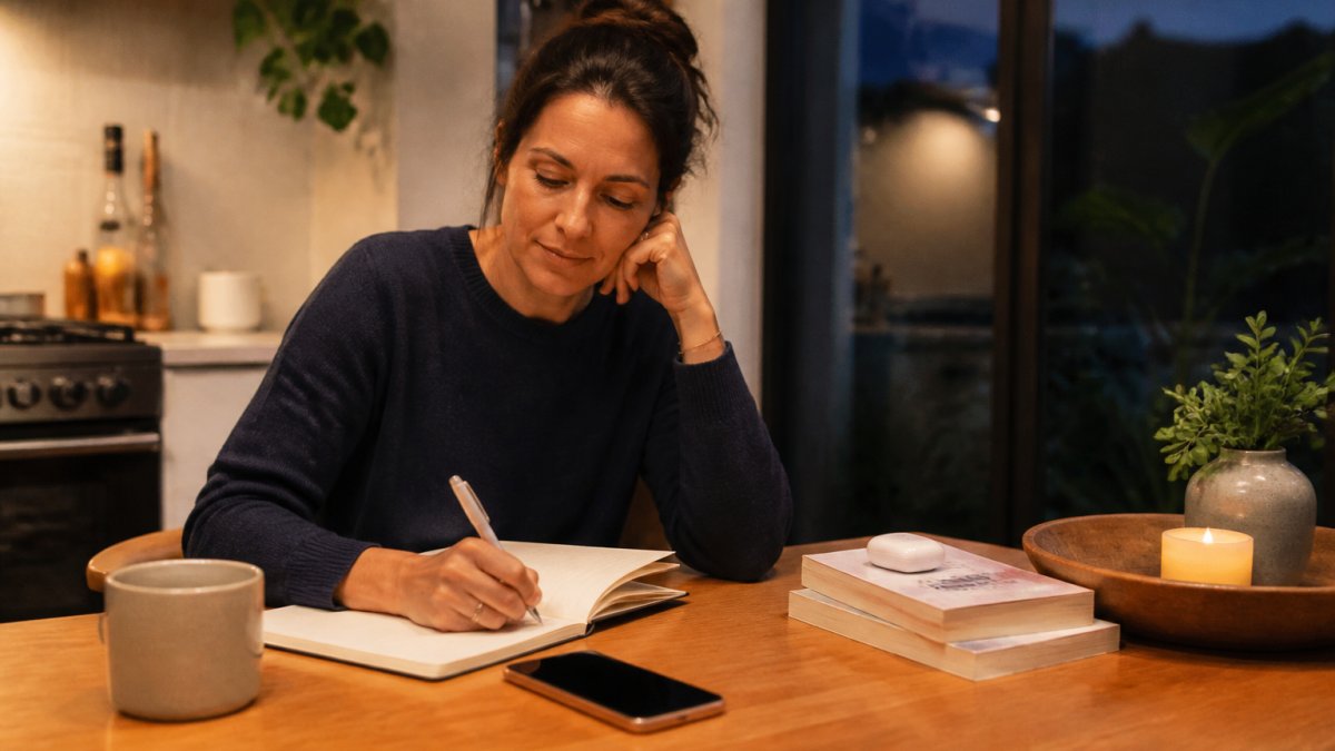 A woman in her 40s sitting at a kitchen table in the evening, writing notes in a journal beside a smartphone, with a calm and reflective expression