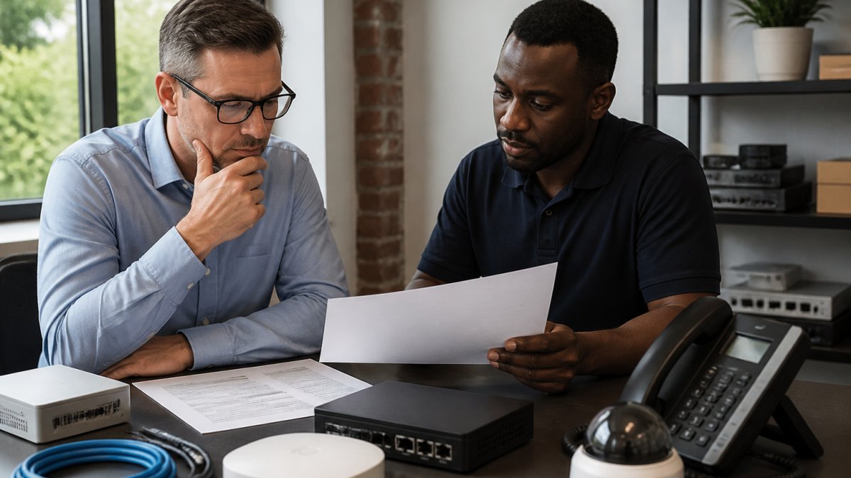 Small business owner in office reviewing IT infrastructure checklist with team member, both looking at printed documents and network equipment on desk with natural window lighting