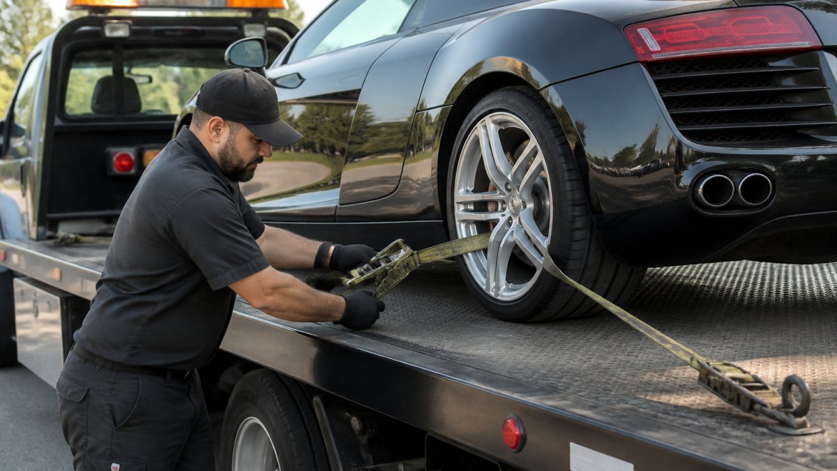 Tow operator securing a lowered sports car to a flatbed truck to ensure it is safe for flatbed transport.