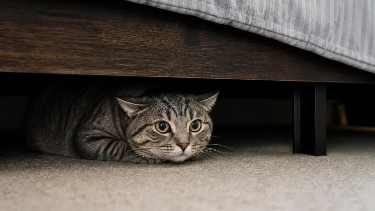 Gray tabby cat hiding under a bed with ears back, showing signs of anxiety and withdrawal in dimly lit bedroom