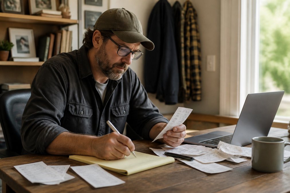 Contractor reviewing job cost numbers on a laptop for his contracting business at a desk with receipts