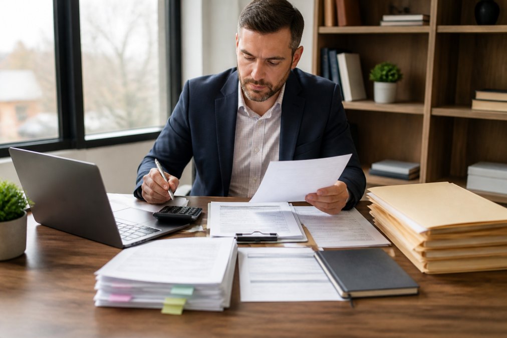 Financial professional reviewing real estate investment documents and tax files at wooden desk with laptop, calculator, and organized manila folders in bright office setting