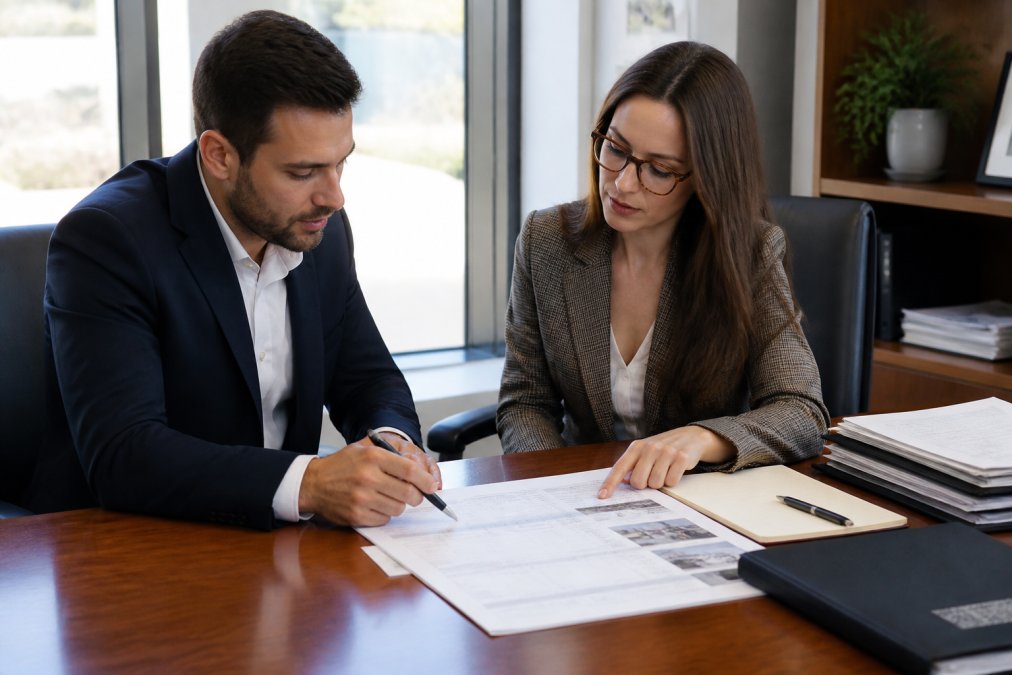Real estate investor and CPA in professional office setting seated at desk reviewing property documents and spreadsheets together, with notepad and pen visible, natural window lighting
