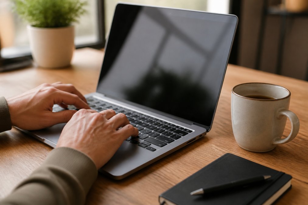 Close-up of hands typing on a laptop with a strong password prompt visible on screen, coffee mug nearby on a wooden desk