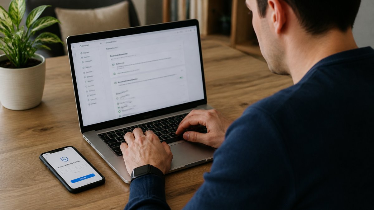 Person at desk working on laptop with smartphone nearby showing security settings and authentication prompts