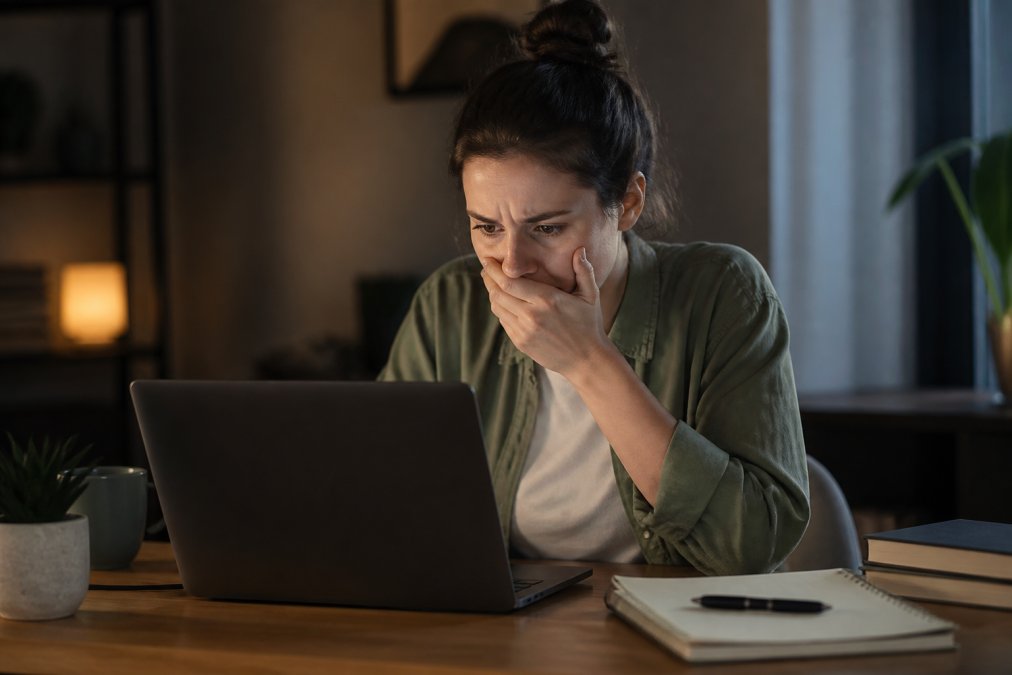 Person sitting at a desk looking concerned at a laptop screen showing a security alert notification, dimly lit home office setting