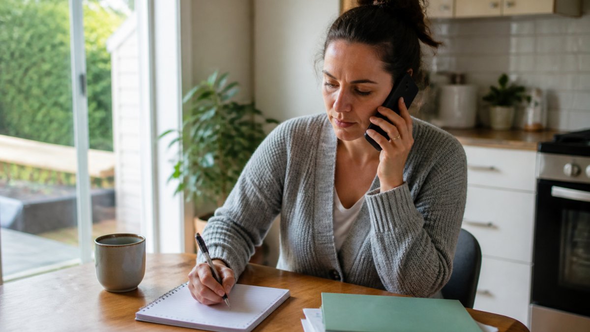A person sitting at a kitchen table with a phone in one hand and a notepad in the other, making a call to a medical clinic in a bright home setting