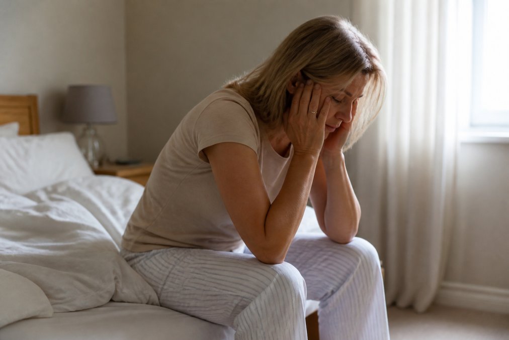 A woman in her late 40s sitting on the edge of her bed in the morning, head in hands, looking tired, soft natural light filtering through curtains in a calm bedroom