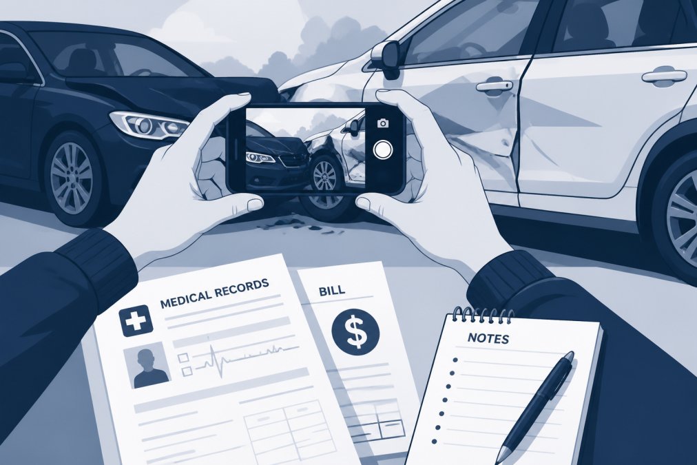 Person's hands holding a smartphone photographing vehicle damage at an accident scene, with medical documents and a notepad visible on a table nearby in natural daylight