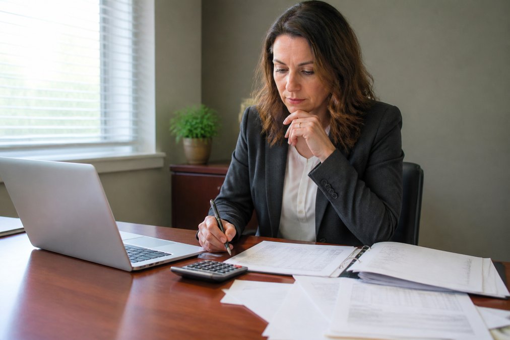 Professional woman reviewing medical bills and legal documents at a desk with a calculator and laptop, looking thoughtful while making notes, with soft office lighting