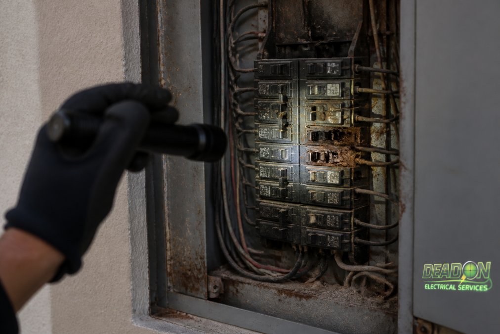 Electrician using a flashlight to inspect a rusted and scorched circuit breaker inside an old electrical panel.