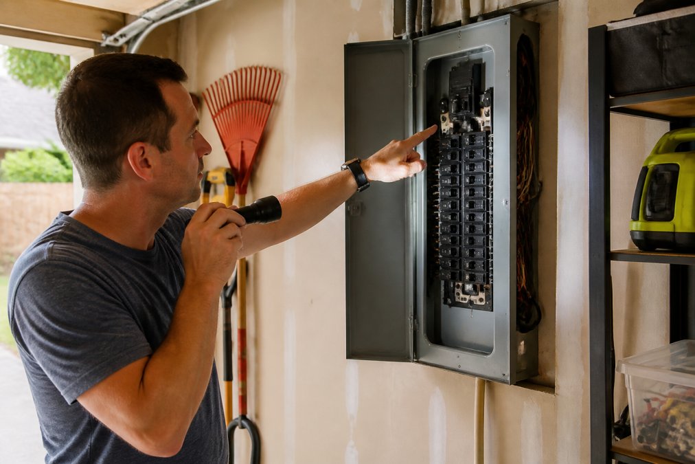 Homeowner inspecting an electrical panel to see if it is ready for a panel EV charger installation.