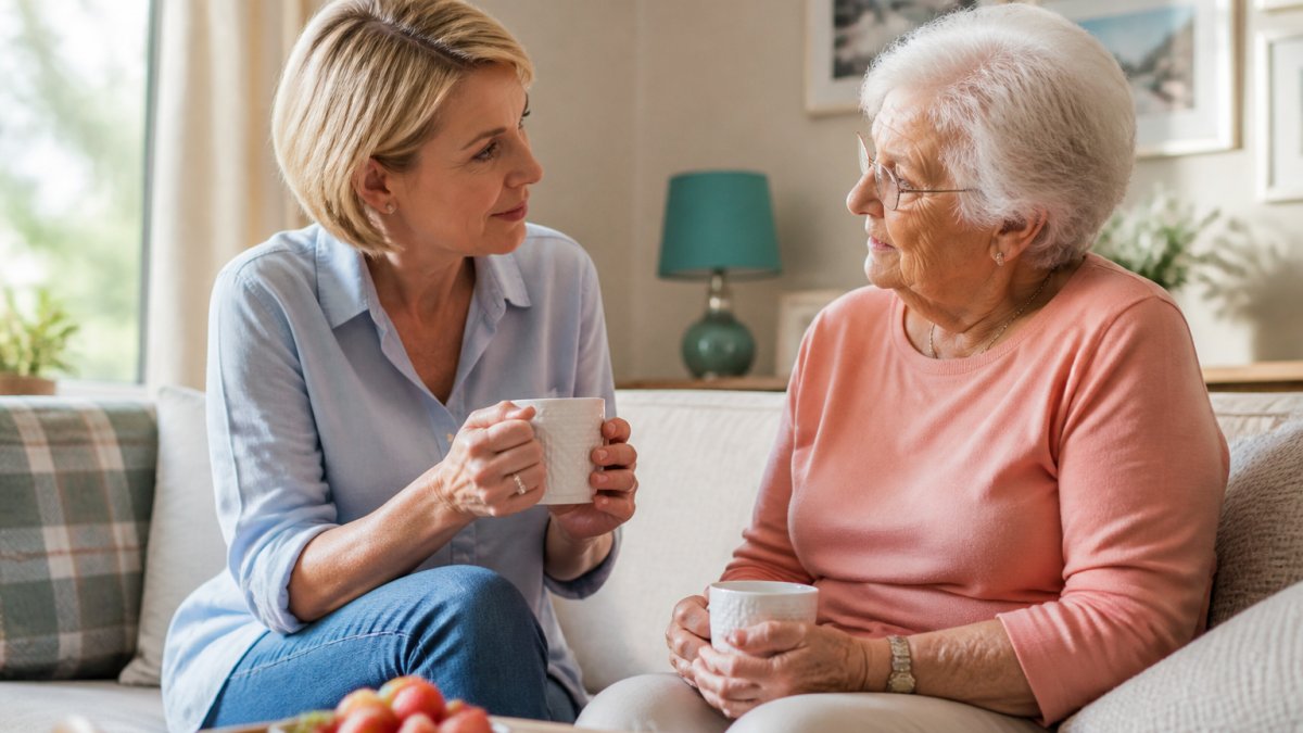 Adult child and aging parent sitting together in a comfortable living room, having a calm, caring conversation over tea or coffee, warm natural lighting from nearby window