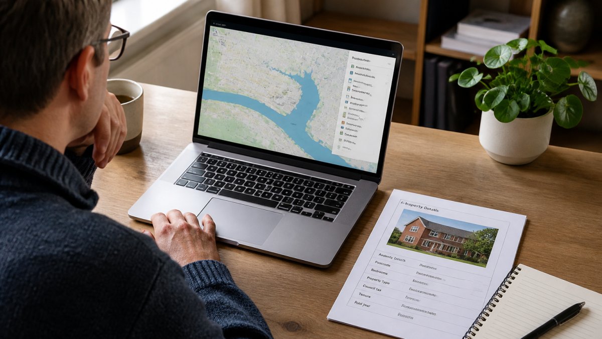 Person sitting at a desk with a laptop open, viewing the Environment Agency flood risk map on screen, with a printed property details sheet and notepad nearby