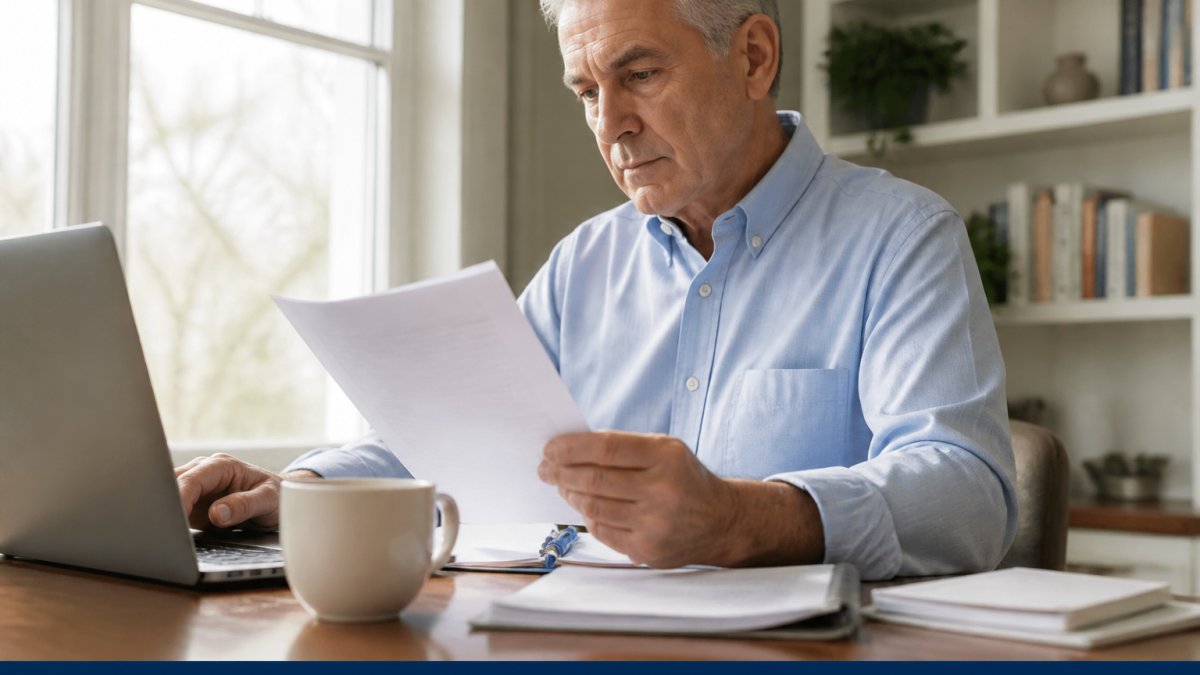 Professional in home office reviewing retirement documents on laptop with calm, focused expression, natural lighting from window