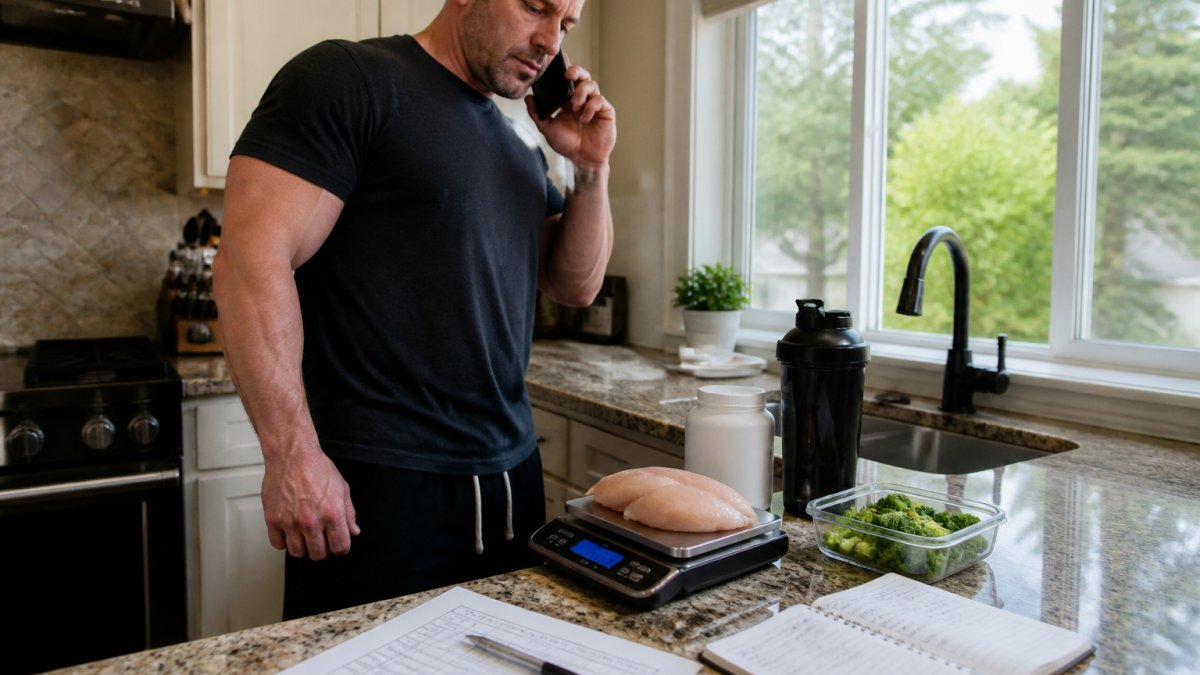 Close-up of a digital food scale with chicken breast being weighed, notebook with calorie logs beside it, and a morning weight tracker sheet on a kitchen counter with natural sunlight