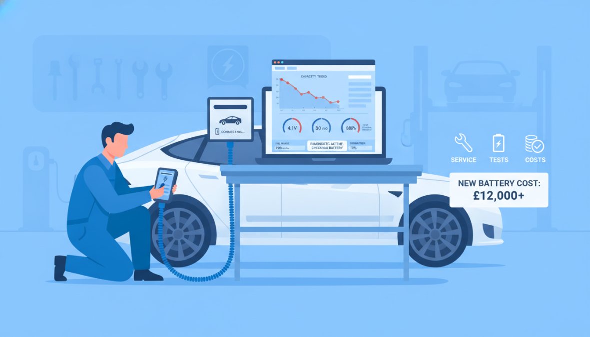 A technician in a clean automotive workshop connecting a diagnostic OBD-II adapter to a Tesla vehicle's port, with a laptop open on a nearby workbench showing EV diagnostic software and battery cell data on screen, workshop lighting overhead