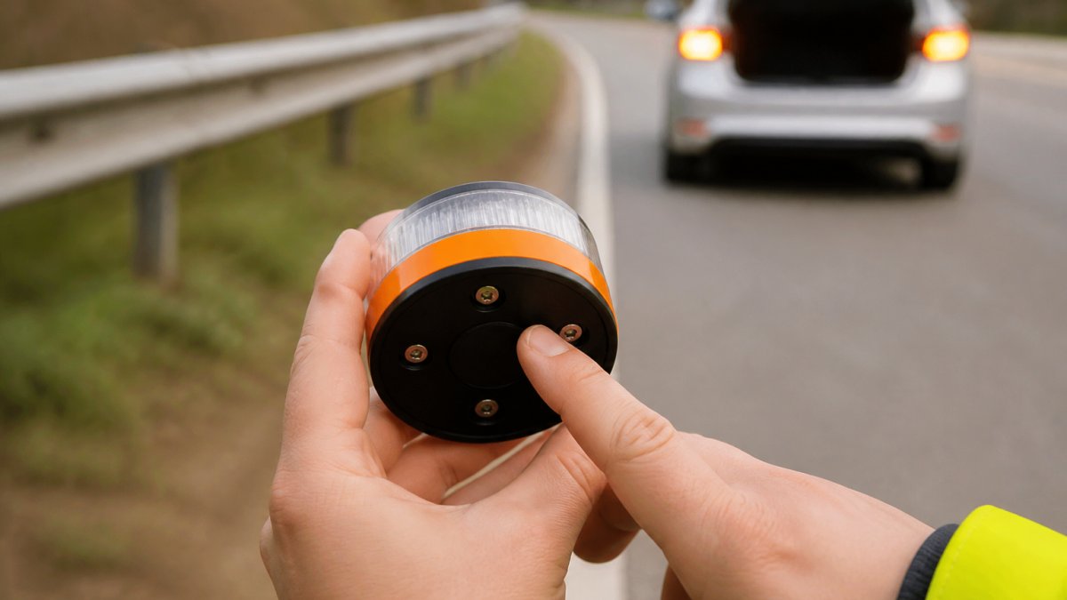 Is My V16 Beacon DGT Approved? How to Check Close-up of a driver's hands holding a V16 emergency beacon on a roadside, inspecting the certification label on the base of the device, with a car and hazard lights visible in the background