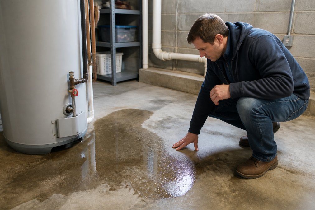 Homeowner in casual clothing inspecting visible water damage on basement flooring near a leaking water heater, moisture visible on concrete, natural basement lighting revealing the extent of damage