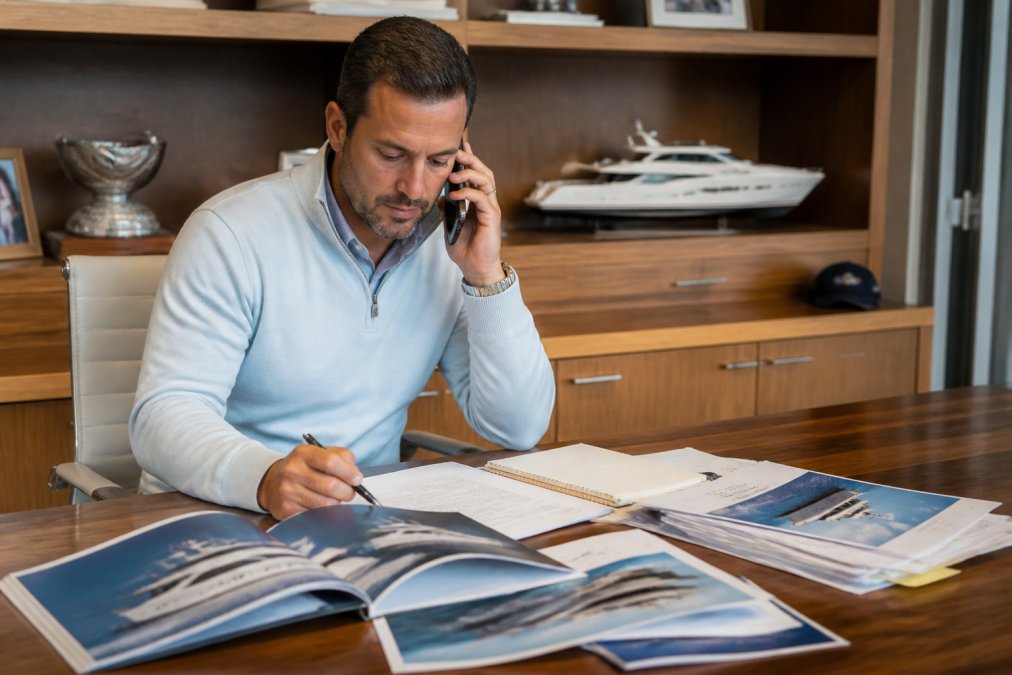 Professional yacht broker conducting a detailed phone consultation while reviewing vessel listing documents and market data on a desktop monitor in a modern office