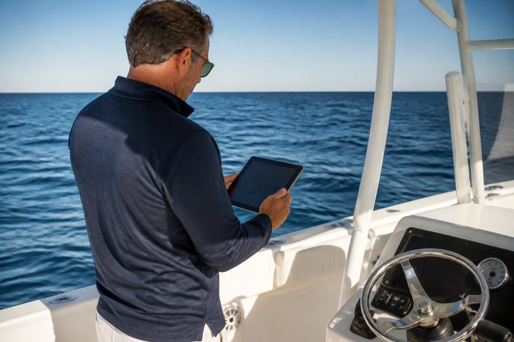 A yacht owner reviewing a detailed performance audit checklist on a tablet while standing on the bridge of a center console yacht, with the Atlantic Ocean visible in the background