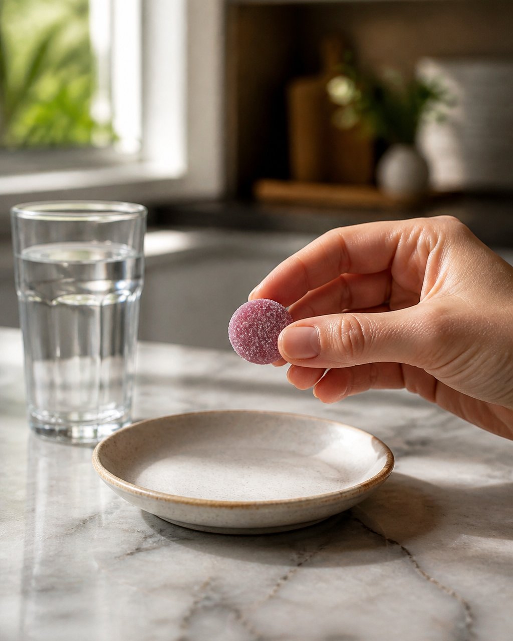 Hand holding a sugar-free cannabis edible above a ceramic plate near a glass of water in morning light