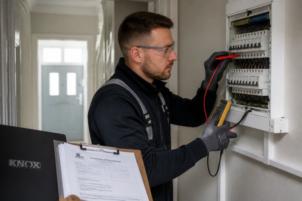 A qualified electrician in safety glasses and workwear testing a consumer unit with a multimeter in a residential hallway, clipboard with certification paperwork visible nearby