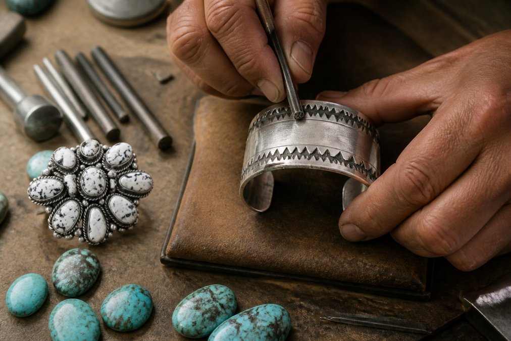 Close-up of a Navajo silversmith's hands using a steel stamp to impress a traditional geometric pattern into a wide sterling silver cuff on a leather-padded workbench, with loose turquoise stones and hand tools arranged in soft workshop lighting