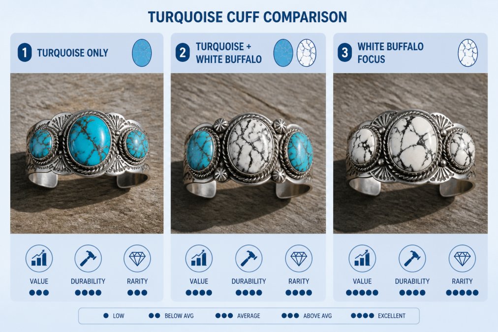 Overhead flat-lay of three wide sterling silver cuffs set with turquoise and white buffalo stones, arranged on a weathered wood surface with soft natural side lighting highlighting the stampwork and stone matrix