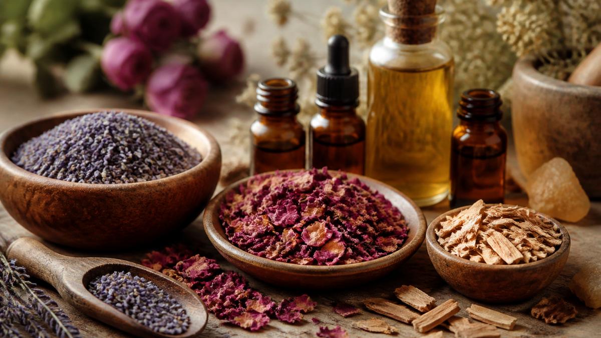 Close-up of botanical ingredients including dried lavender buds, rose petals, sandalwood chips, and amber-colored essential oil in glass bottles arranged on a wooden surface with warm natural light