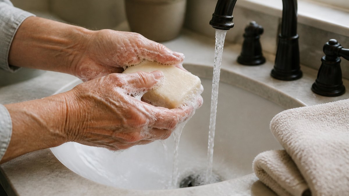 Close-up of an older adult's hands lathering a simple unscented bar soap under warm running water at a bathroom sink, with a folded towel nearby and soft natural light