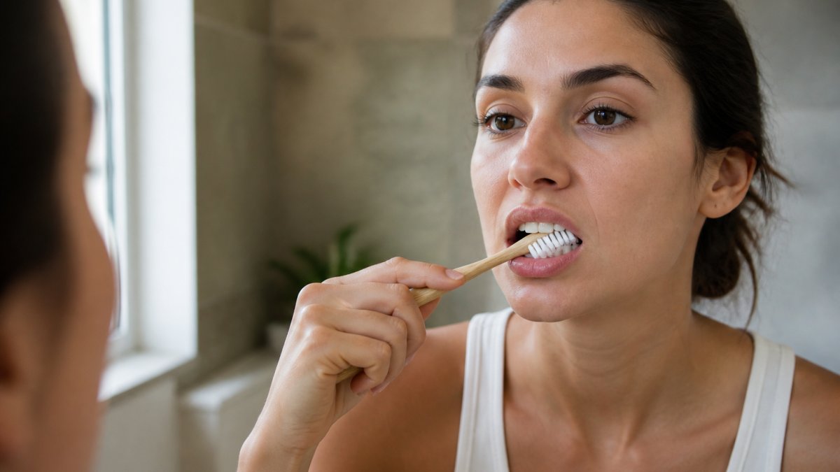 Close-up of someone brushing teeth with proper technique, toothbrush bristles at 45-degree angle against gum line with natural bathroom lighting