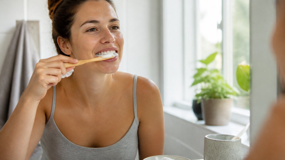 Person brushing teeth with a soft toothbrush and natural tooth powder in a bright, clean bathroom.