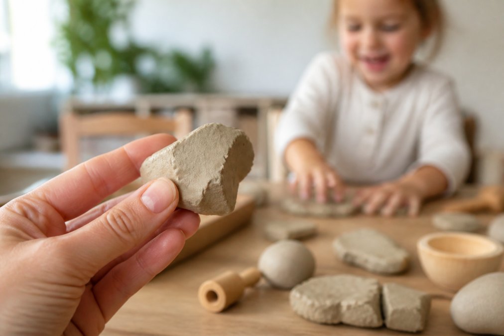 Hand houdt natuurlijke klei vast boven houten tafel terwijl een kind vrolijk speelt, ook al is natuurlijke klei eetbaar niet.
