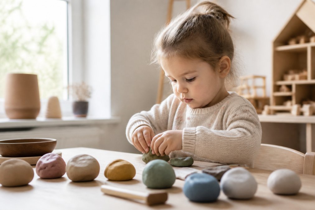 Een peuter van ongeveer 2-3 jaar die geconcentreerd met natuurlijke speelklei kneedt aan een tafel, met verschillende kleurige kleibolletjes in zacht pastel en natuurlijke tinten, zachte natuurlijke verlichting van een raam