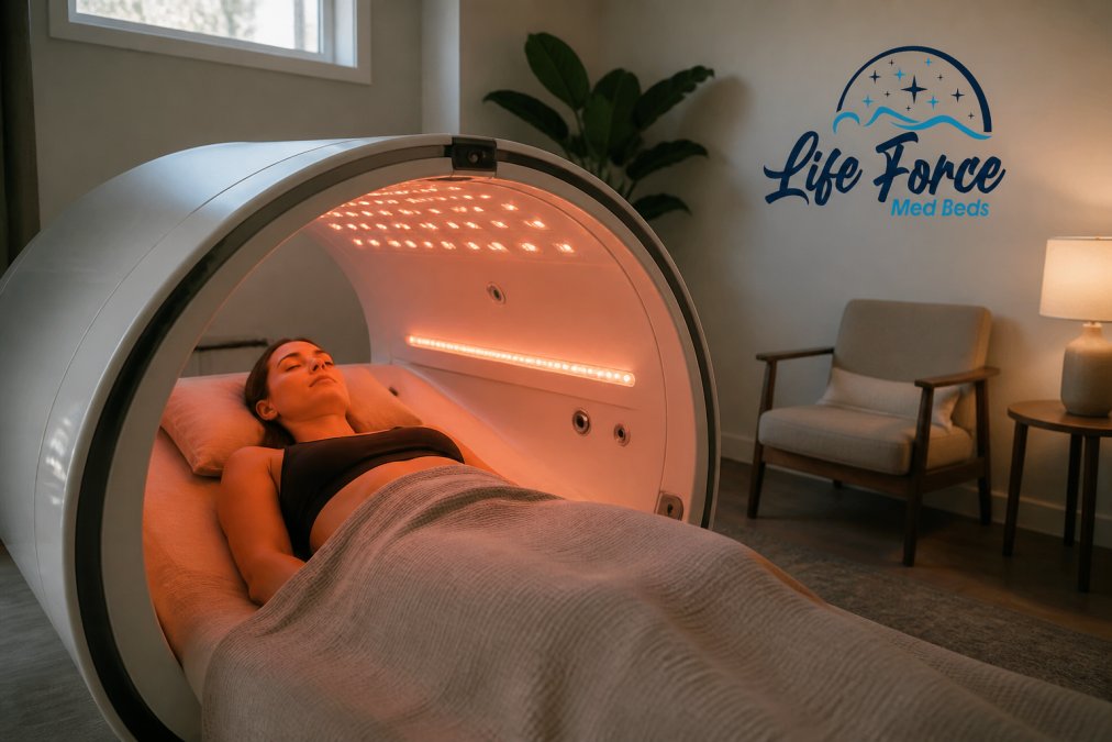 Person relaxing in a modern Life Force MedBed chamber during a soothing near-infrared therapy session in a clinic.