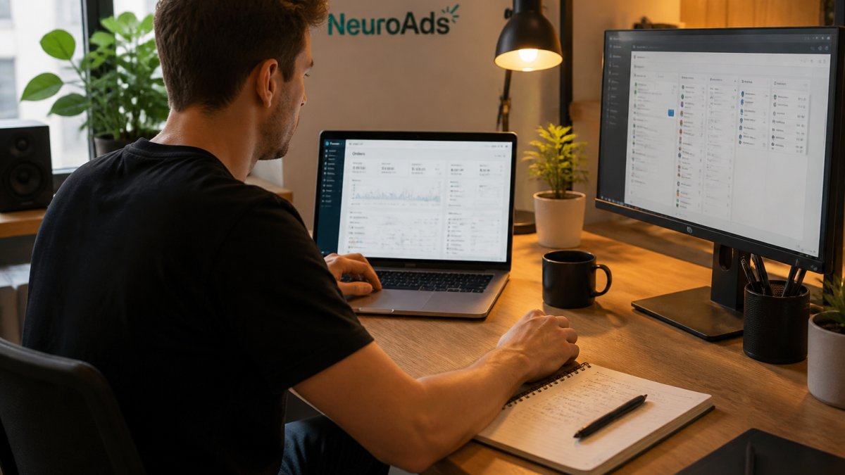 A paid media manager reviewing a Shopify order dashboard on a laptop while a second monitor shows an ad campaign interface, warm office lighting, notebook and coffee on the desk