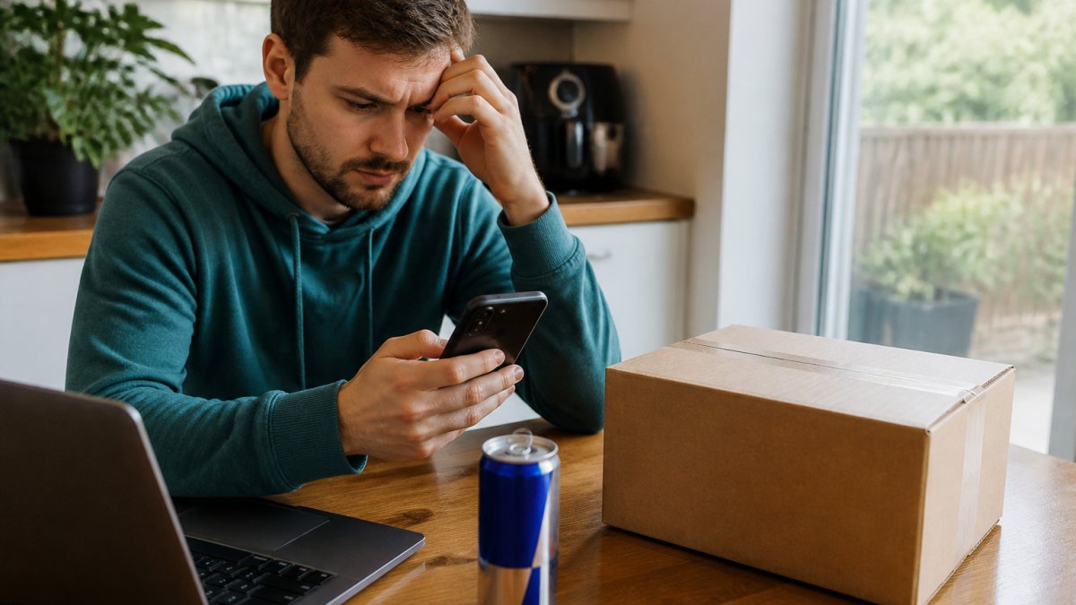 A person at a kitchen table checking a parcel tracking app on their phone beside an unopened cardboard box, with a laptop and a can of energy drink nearby