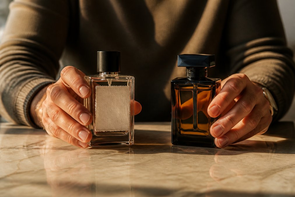 Fragrance enthusiast's hands holding two contrasting fragrance bottles side by side, a minimalist niche bottle with handcrafted labeling and a sleek designer bottle, positioned on a marble surface with warm golden-hour lighting illuminating the glass and highlighting the craftsmanship details of each