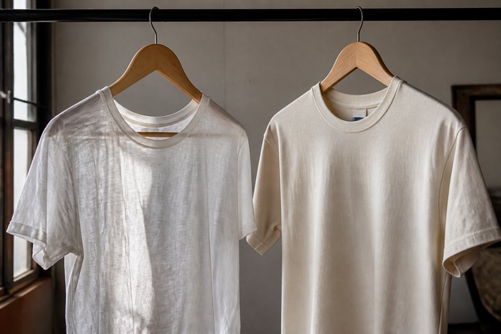 Close-up of two t-shirts side by side on wooden hangers; one appears thin, wrinkled, and slightly translucent while the other is thick, crisp, and holds its shape, shot in soft natural window light