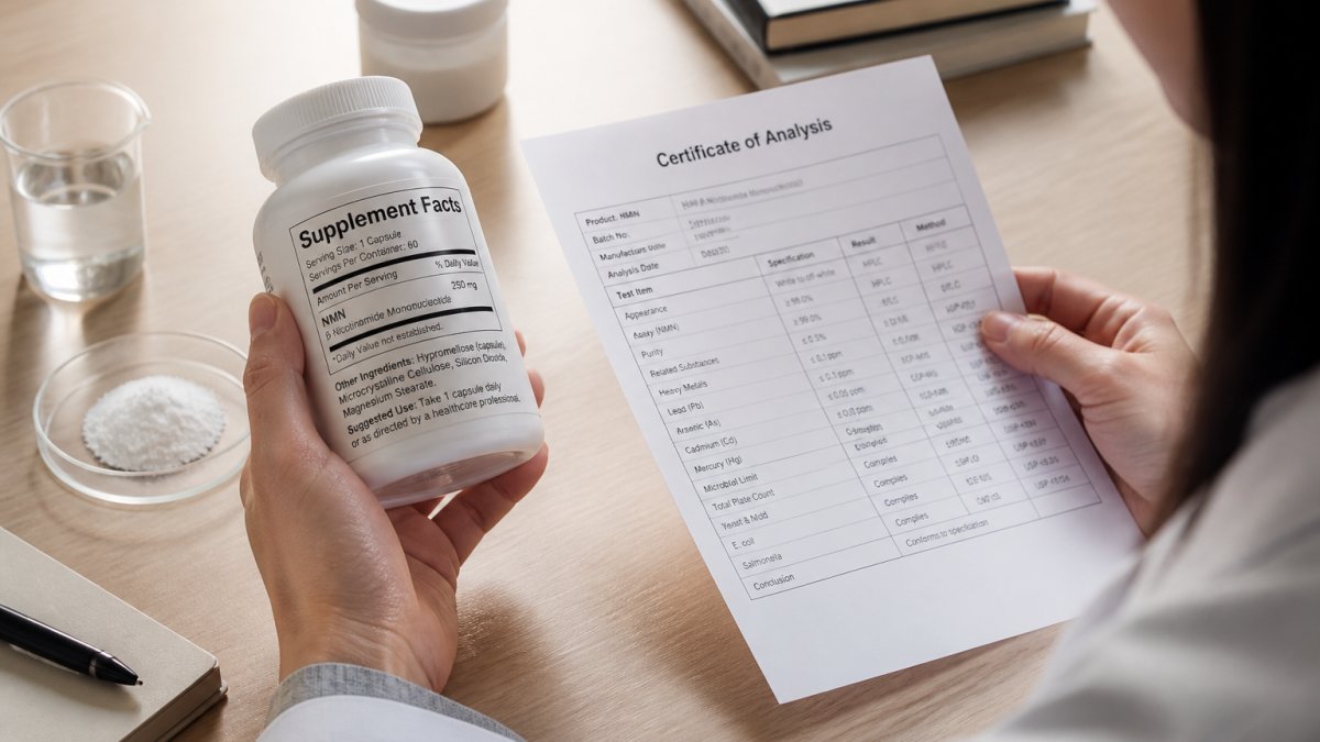 Person examining a supplement bottle label and a document on a wooden desk to verify product quality.