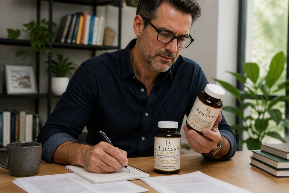 Middle-aged adult in a bright, modern home office reviewing supplement bottles and research notes on a desk, looking thoughtful and informed