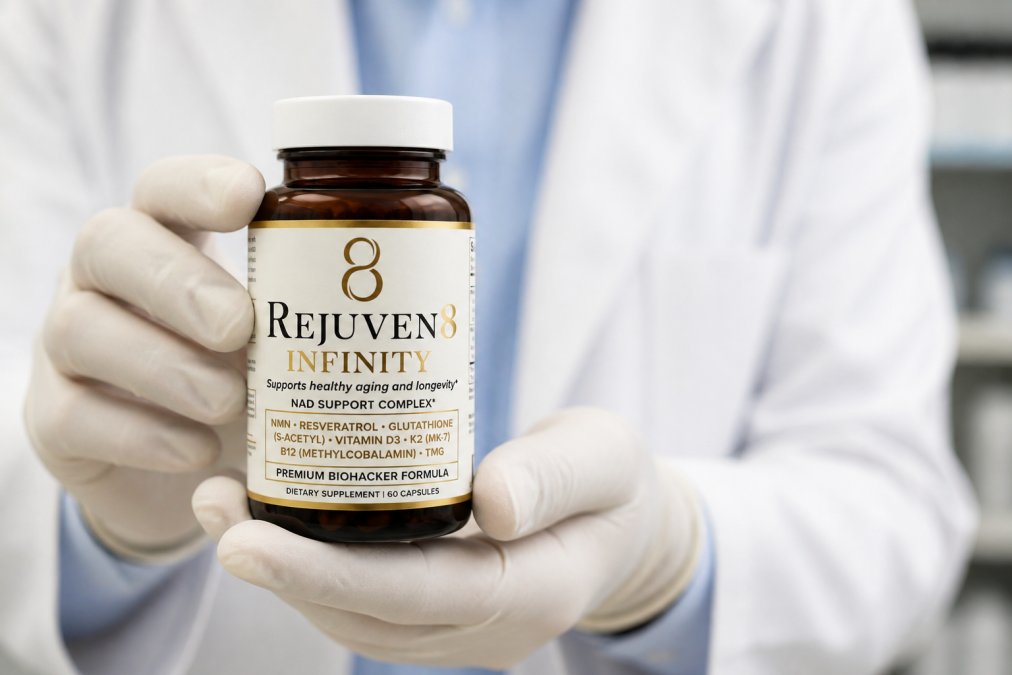 Close-up of a pharmaceutical-grade NMN supplement bottle with a third-party testing certification label visible, held in professional hands against a clean white background