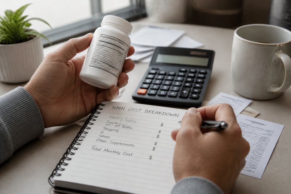 Hands holding an NMN supplement bottle near a calculator and cost breakdown notes to determine if NMN is worth the price